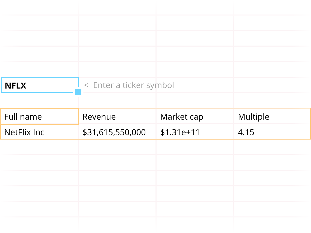 A spreadsheet of cells with a stock ticker as the input and, behind the scenes, code is fetching data related to that stock and drawing it in the cells underneath the ticker symbol.